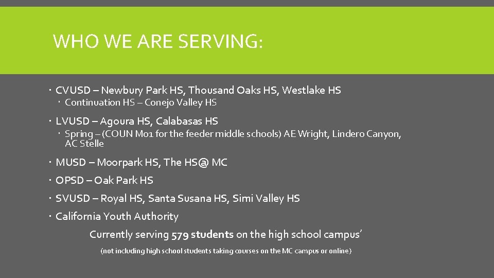 WHO WE ARE SERVING: CVUSD – Newbury Park HS, Thousand Oaks HS, Westlake HS