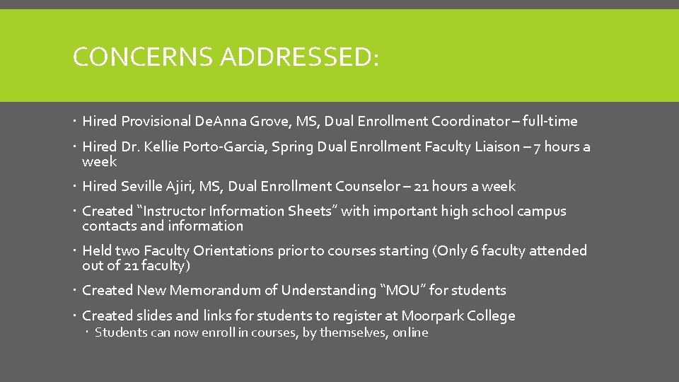 CONCERNS ADDRESSED: Hired Provisional De. Anna Grove, MS, Dual Enrollment Coordinator – full-time Hired