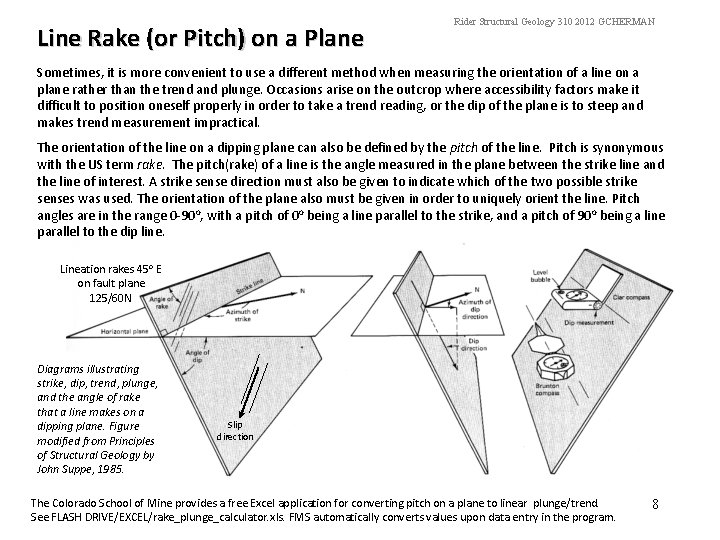 Line Rake (or Pitch) on a Plane Rider Structural Geology 310 2012 GCHERMAN Sometimes,