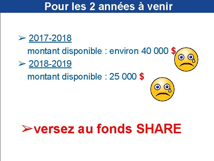 Pour les 2 années à venir ➢ 2017 -2018 montant disponible : environ