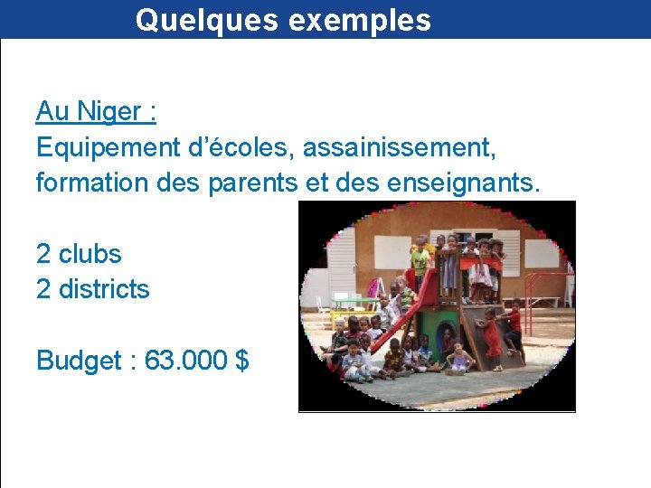  Quelques exemples Au Niger : Equipement d’écoles, assainissement, formation des parents et des
