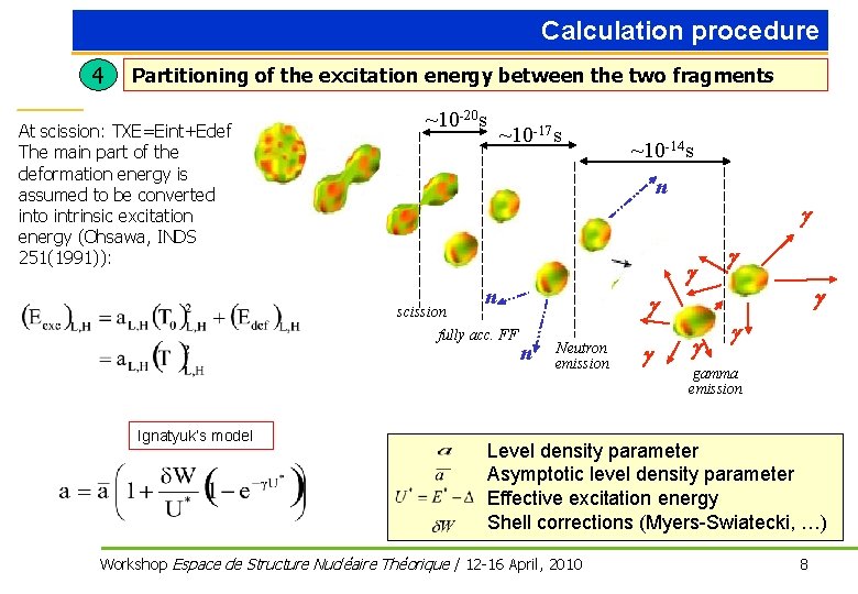 Calculation procedure 4 Partitioning of the excitation energy between the two fragments At scission: