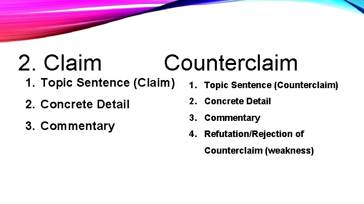 2. Claim Counterclaim 1. Topic Sentence (Claim) 1. Topic Sentence (Counterclaim) 2. Concrete Detail