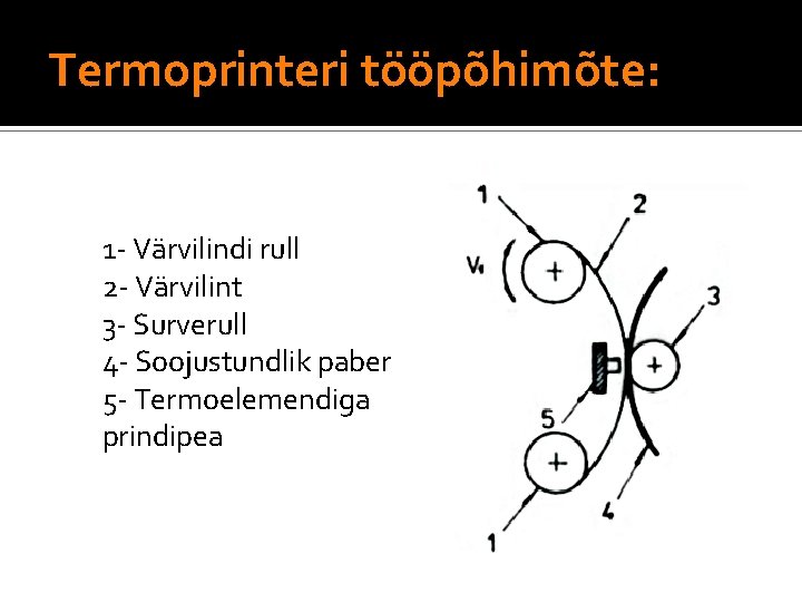 Termoprinteri tööpõhimõte: 1 - Värvilindi rull 2 - Värvilint 3 - Surverull 4 -