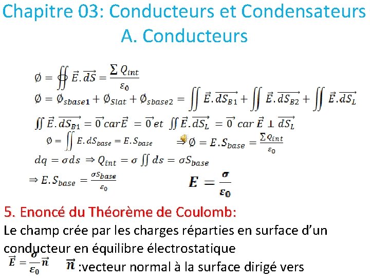 Chapitre 03: Conducteurs et Condensateurs A. Conducteurs 5. Enoncé du Théorème de Coulomb: Le