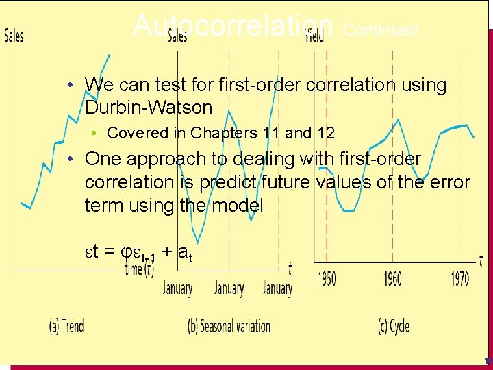 Autocorrelation Continued • We can test for first-order correlation using Durbin-Watson • Covered in