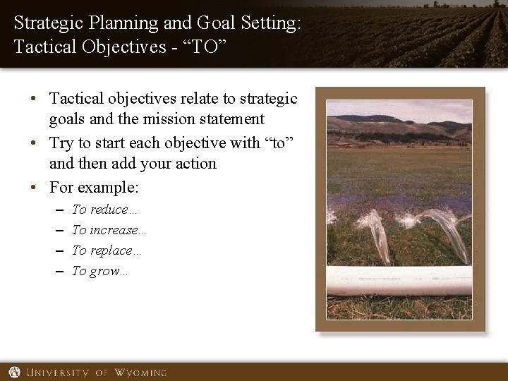 Strategic Planning and Goal Setting: Tactical Objectives - “TO” • Tactical objectives relate to