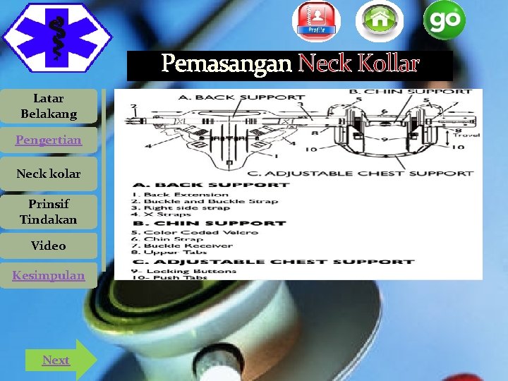 Pemasangan Neck Kollar Latar Belakang Pengertian Neck kolar Prinsif Tindakan Video Kesimpulan Next Pemasangan Neck Kollar Latar Belakang Pengertian Neck kolar Prinsif Tindakan Video Kesimpulan Next