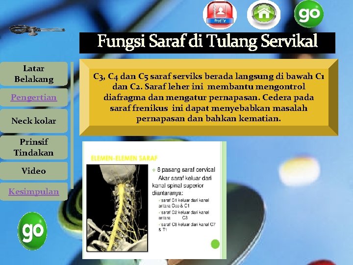 Fungsi Saraf di Tulang Servikal Latar Belakang Pengertian Neck kolar Prinsif Tindakan Video Kesimpulan Fungsi Saraf di Tulang Servikal Latar Belakang Pengertian Neck kolar Prinsif Tindakan Video Kesimpulan
