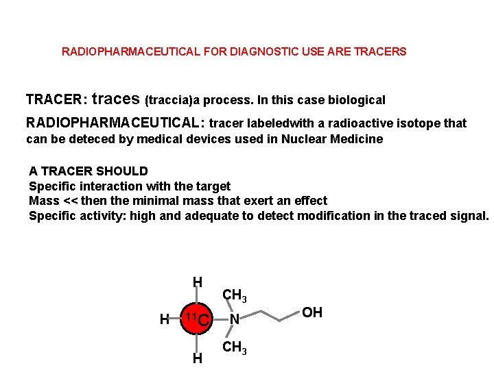 RADIOPHARMACEUTICAL FOR DIAGNOSTIC USE ARE TRACERS TRACER: traces (traccia)a process. In this case biological