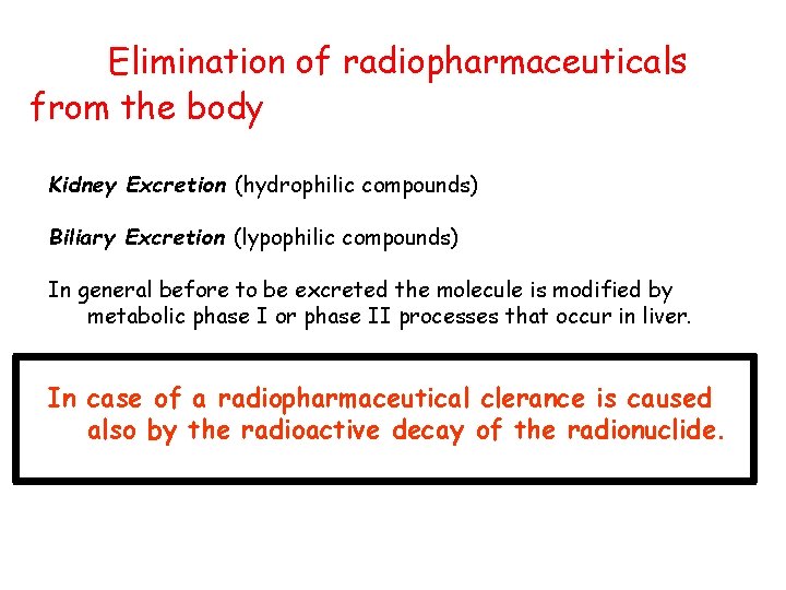 Elimination of radiopharmaceuticals from the body Kidney Excretion (hydrophilic compounds) Biliary Excretion (lypophilic compounds)