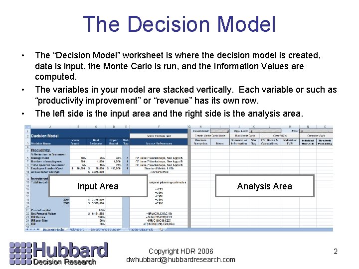 The Decision Model • • • The “Decision Model” worksheet is where the decision