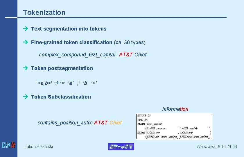 Tokenization Text segmentation into tokens Fine-grained token classification (ca. 30 types) complex_compound_first_capital : AT&T-Chief