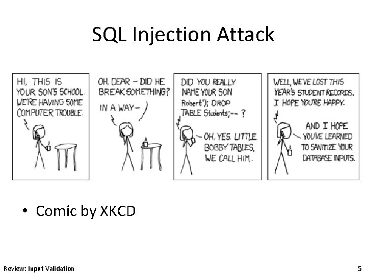 SQL Injection Attack • Comic by XKCD Review: Input Validation 5 