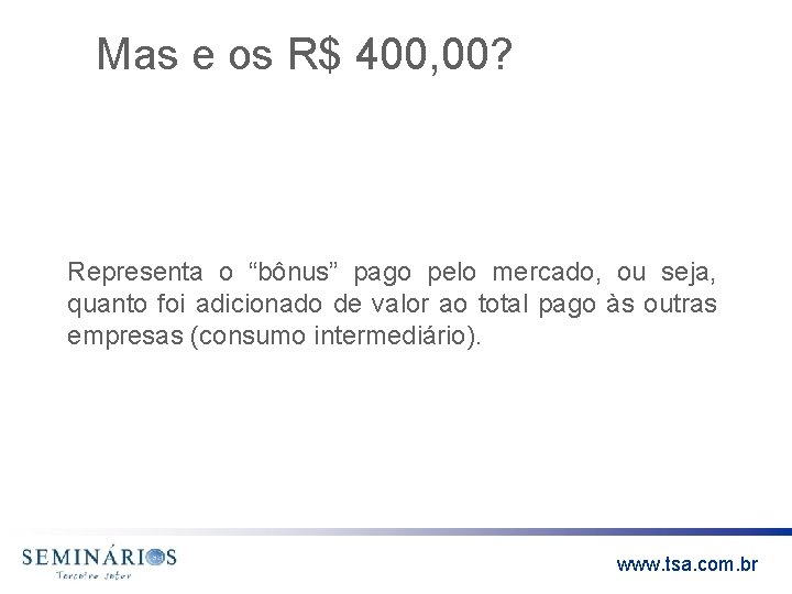 Mas e os R$ 400, 00? Representa o “bônus” pago pelo mercado, ou seja,