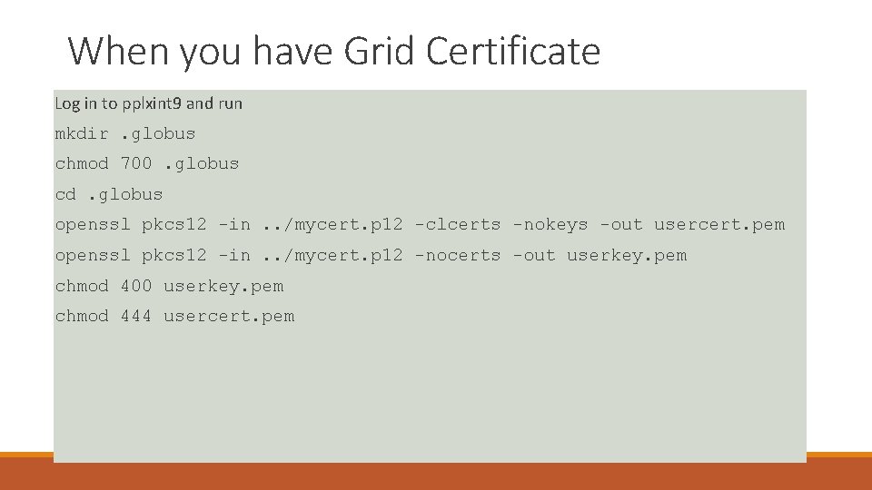 When you have Grid Certificate Log in to pplxint 9 and run mkdir. globus