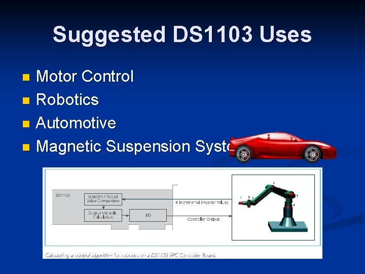 Suggested DS 1103 Uses Motor Control n Robotics n Automotive n Magnetic Suspension Systems