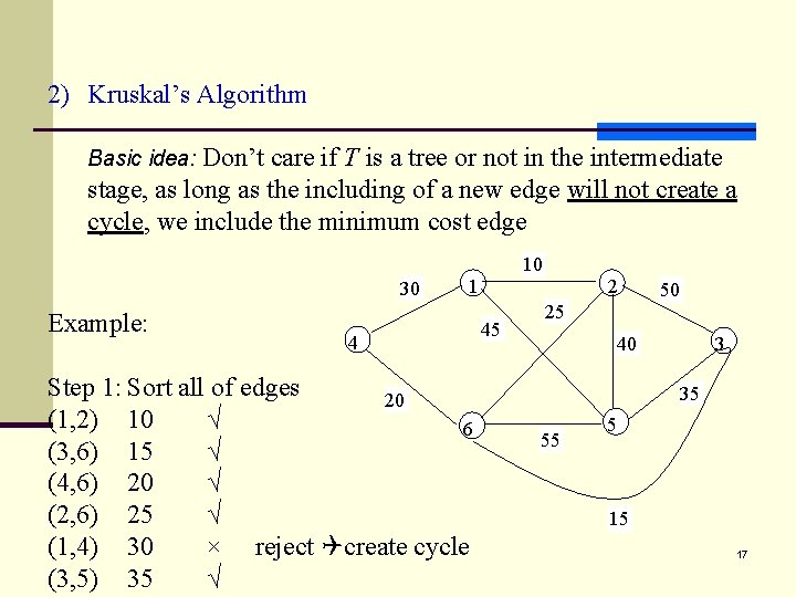 2) Kruskal’s Algorithm Basic idea: Don’t care if T is a tree or not 2) Kruskal’s Algorithm Basic idea: Don’t care if T is a tree or not