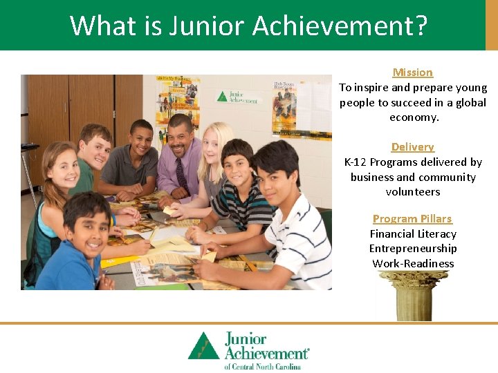 What is Junior Achievement? Mission To inspire and prepare young people to succeed in