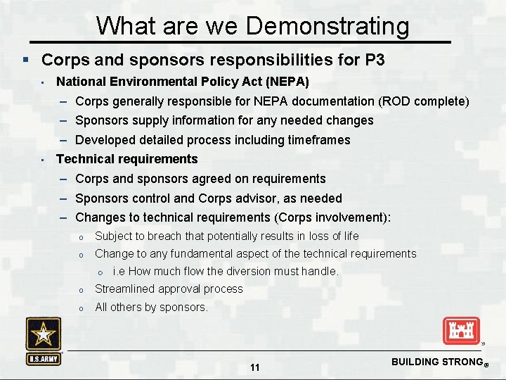 What are we Demonstrating § Corps and sponsors responsibilities for P 3 • National