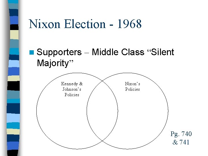 Nixon Election - 1968 n Supporters – Middle Class “Silent Majority” Kennedy & Johnson’s