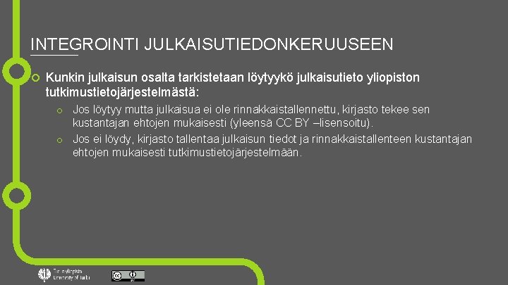 INTEGROINTI JULKAISUTIEDONKERUUSEEN Kunkin julkaisun osalta tarkistetaan löytyykö julkaisutieto yliopiston tutkimustietojärjestelmästä: o Jos löytyy mutta