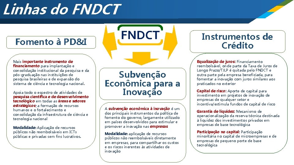 Linhas do FNDCT Fomento à PD&I Instrumentos de Crédito Mais importante instrumento de financiamento