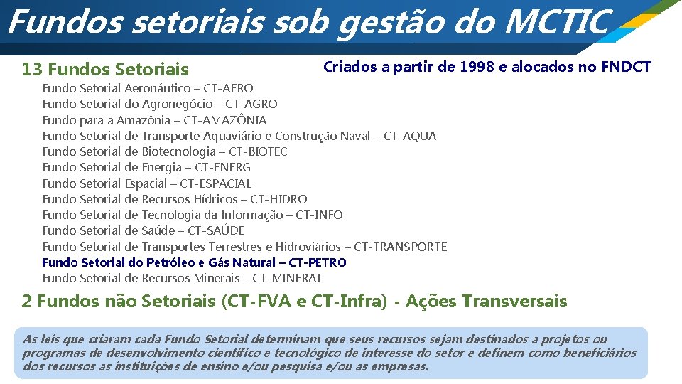 Fundos setoriais sob gestão do MCTIC 13 Fundos Setoriais Criados a partir de 1998