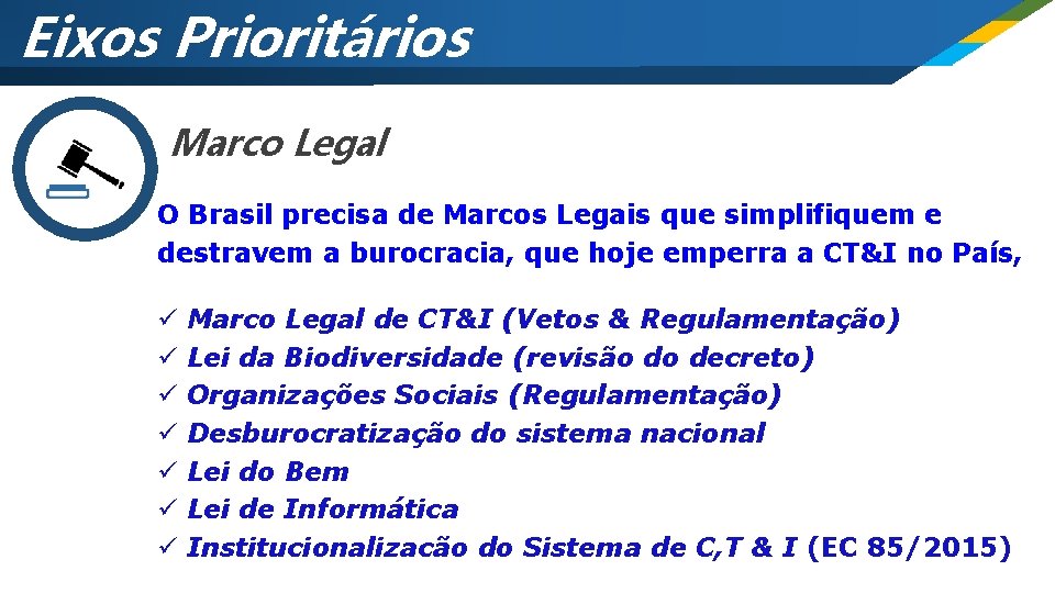 Eixos Prioritários Marco Legal O Brasil precisa de Marcos Legais que simplifiquem e destravem