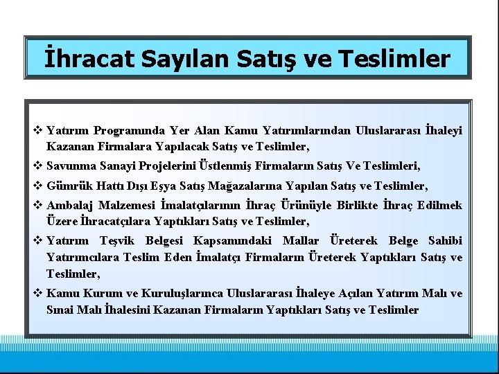 İhracat Sayılan Satış ve Teslimler v Yatırım Programında Yer Alan Kamu Yatırımlarından Uluslararası İhaleyi