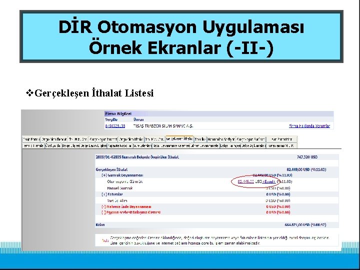 DİR Otomasyon Uygulaması Örnek Ekranlar (-II-) v. Gerçekleşen İthalat Listesi 