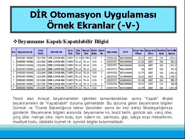 DİR Otomasyon Uygulaması Örnek Ekranlar (-V-) v. Beyanname Kapalı/Kapatılabilir Bilgisi Tescil alan ihracat beyannameleri