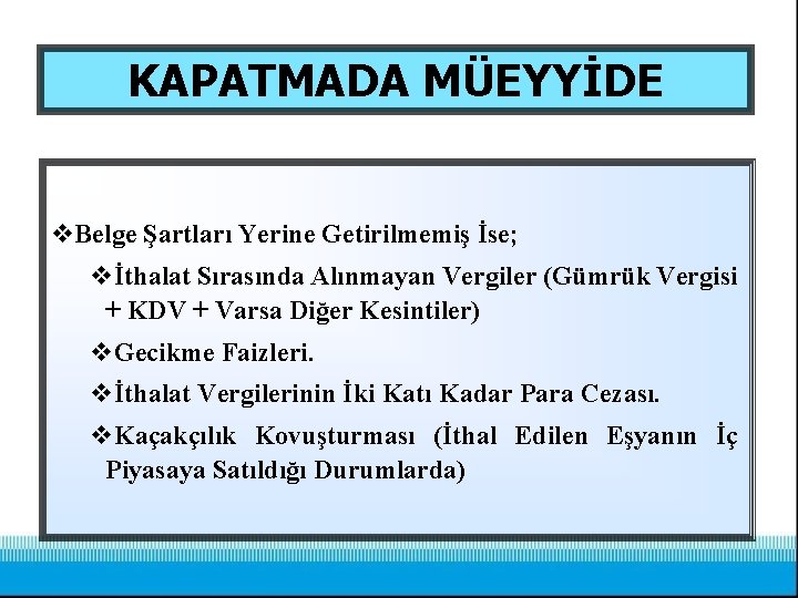 KAPATMADA MÜEYYİDE v. Belge Şartları Yerine Getirilmemiş İse; vİthalat Sırasında Alınmayan Vergiler (Gümrük Vergisi