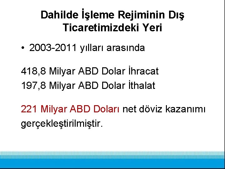 Dahilde İşleme Rejiminin Dış Ticaretimizdeki Yeri • 2003 -2011 yılları arasında 418, 8 Milyar