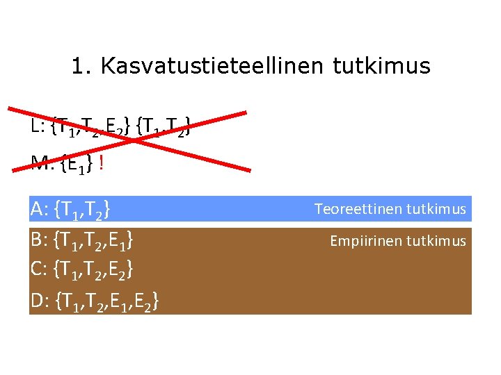 1. Kasvatustieteellinen tutkimus L: {T 1, T 2, E 2} {T 1, T 2}