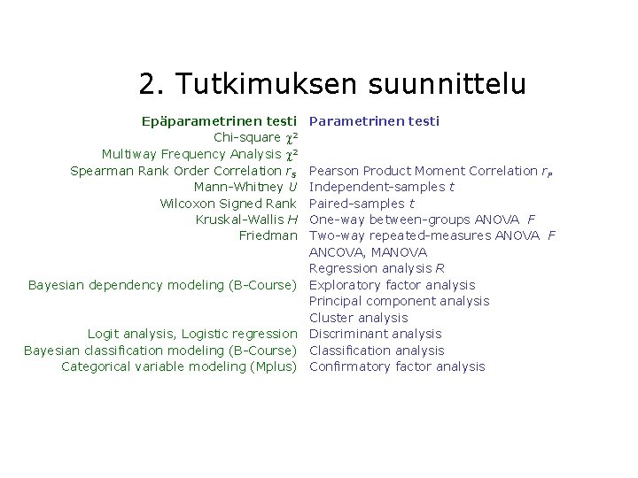 2. Tutkimuksen suunnittelu Epäparametrinen testi Chi-square 2 Multiway Frequency Analysis 2 Spearman Rank Order