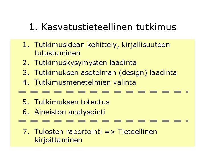 1. Kasvatustieteellinen tutkimus 1. Tutkimusidean kehittely, kirjallisuuteen tutustuminen 2. Tutkimuskysymysten laadinta 3. Tutkimuksen asetelman