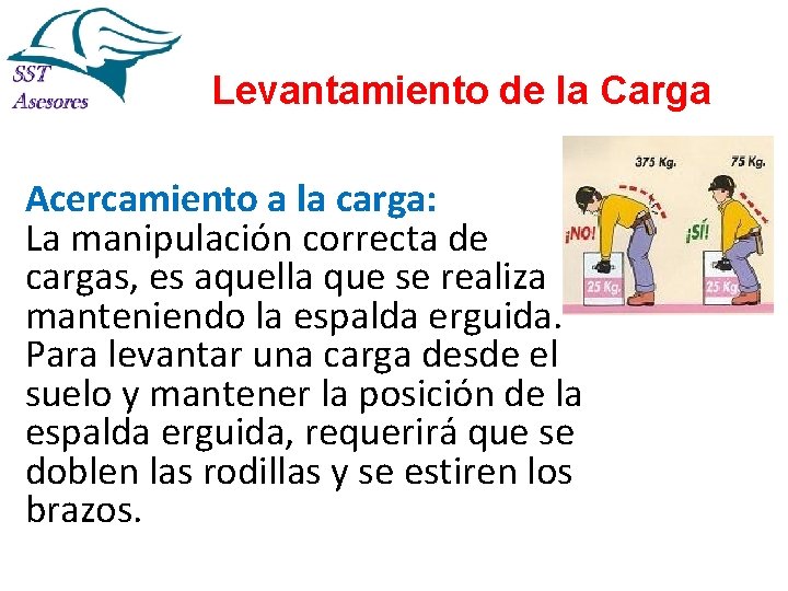 Levantamiento de la Carga Acercamiento a la carga: La manipulación correcta de cargas, es