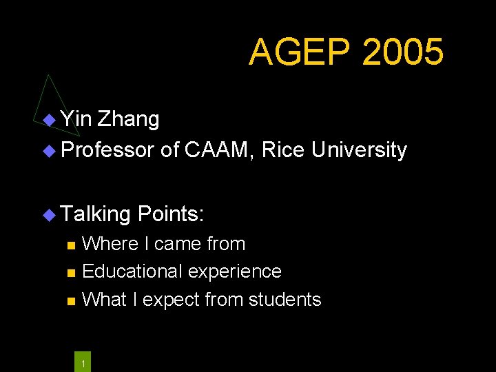 AGEP 2005 Yin Zhang Professor of CAAM, Rice University Talking 07/29/05 Points: Where I