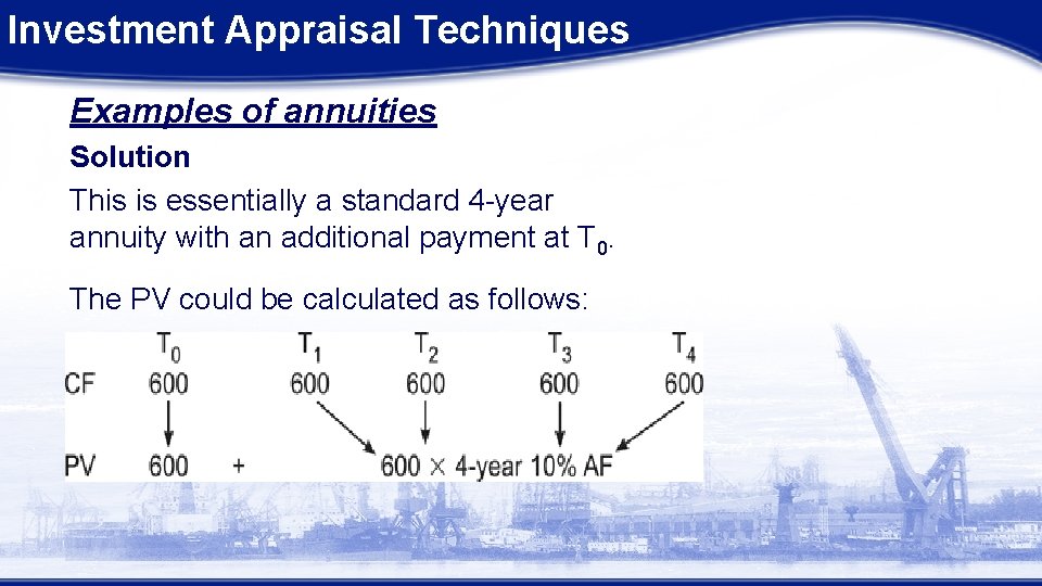 Investment Appraisal Techniques Examples of annuities Solution This is essentially a standard 4 -year