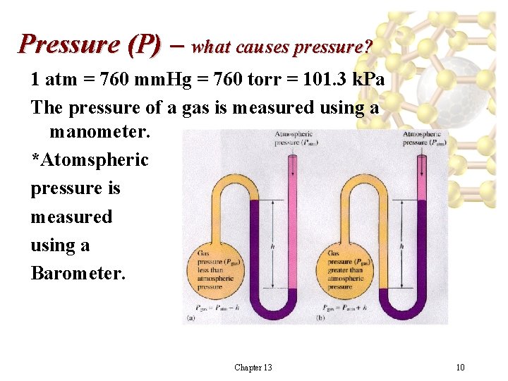 Pressure (P) – what causes pressure? 1 atm = 760 mm. Hg = 760 Pressure (P) – what causes pressure? 1 atm = 760 mm. Hg = 760