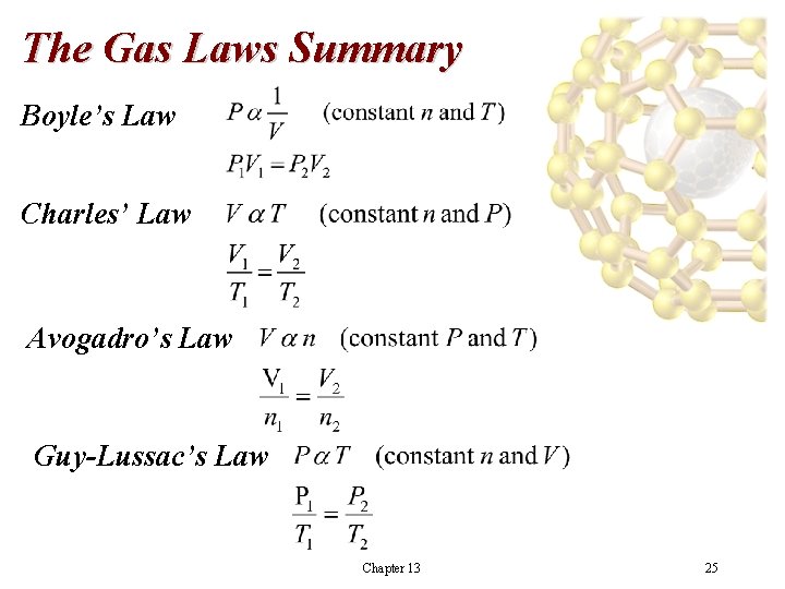 The Gas Laws Summary Boyle’s Law Charles’ Law Avogadro’s Law Guy-Lussac’s Law Chapter 13