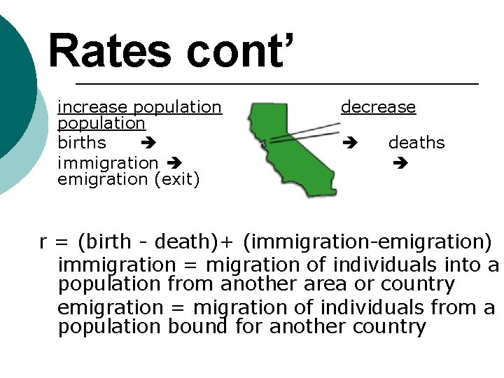 Rates cont’ increase population births immigration emigration (exit) decrease deaths r = (birth -