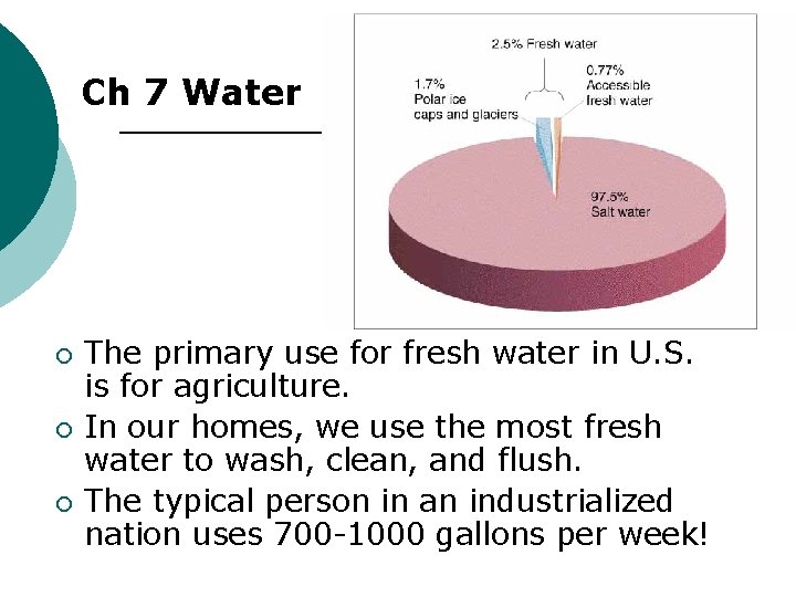 Ch 7 Water ¡ ¡ ¡ The primary use for fresh water in U.
