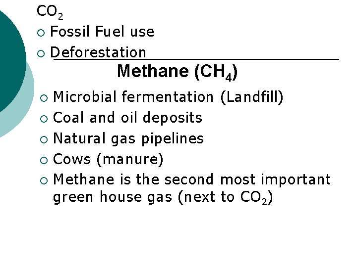 CO 2 ¡ Fossil Fuel use ¡ Deforestation Methane (CH 4) Microbial fermentation (Landfill)