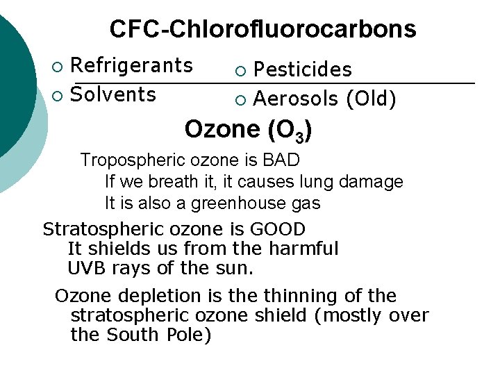 CFC-Chlorofluorocarbons Refrigerants ¡ Solvents ¡ Pesticides ¡ Aerosols (Old) ¡ Ozone (O 3) Tropospheric