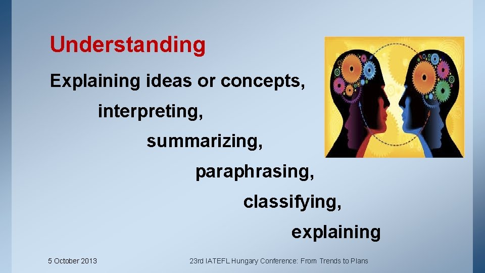 Understanding Explaining ideas or concepts, interpreting, summarizing, paraphrasing, classifying, explaining 5 October 2013 23