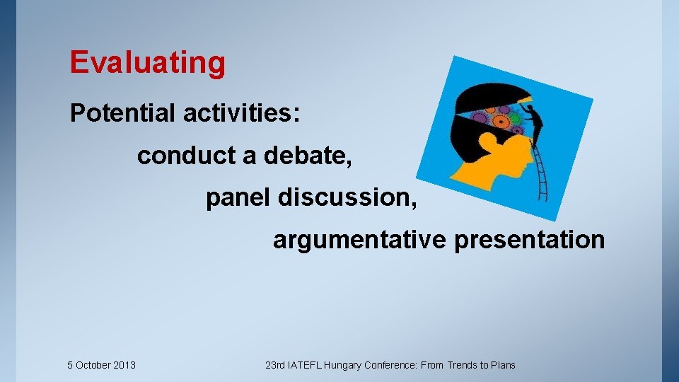 Evaluating Potential activities: conduct a debate, panel discussion, argumentative presentation 5 October 2013 23