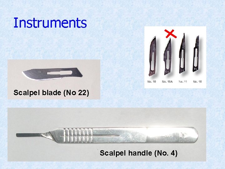 Instruments Scalpel blade (No 22) Scalpel handle (No. 4) 
