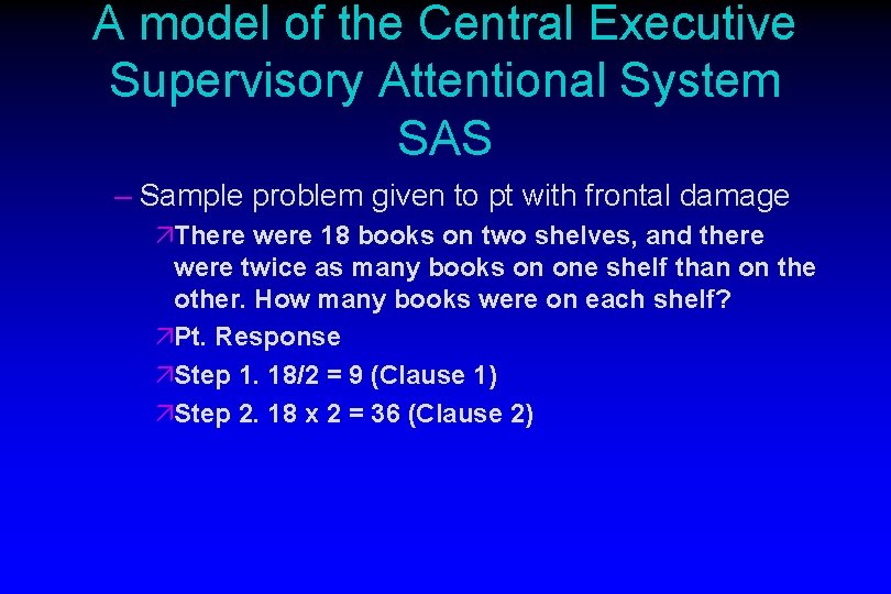 A model of the Central Executive Supervisory Attentional System SAS – Sample problem given